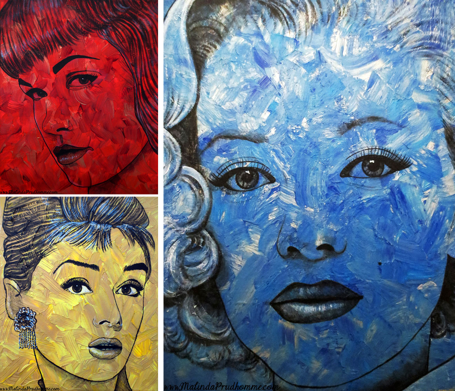 pop art, bettie page, Audrey Hepburn, marilyn monroe, blue art, portrait art, toronto portait artist, malinda prudhomme