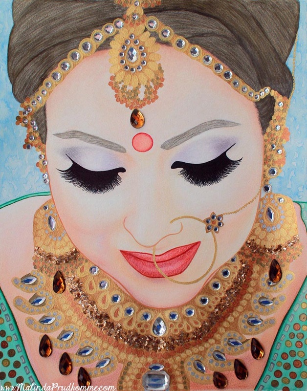 indian bride portrait painting, indian art, beauty art, gem art, sikh beauty, toronto portrait artist, canadian portrait artist