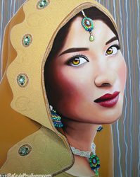 Indian bride, indian artwork, indian portrait, gold, gems, gem art, toronto portrait artist