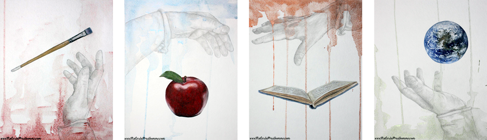 mixed media art. mixed media artist, malinda prudhomme, book, apple, earth. globe, paint brush