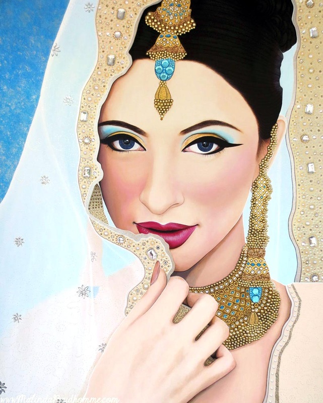 indian bride portrait painting, indian art, beauty art, gem art, sikh beauty, toronto portrait artist, canadian portrait artist