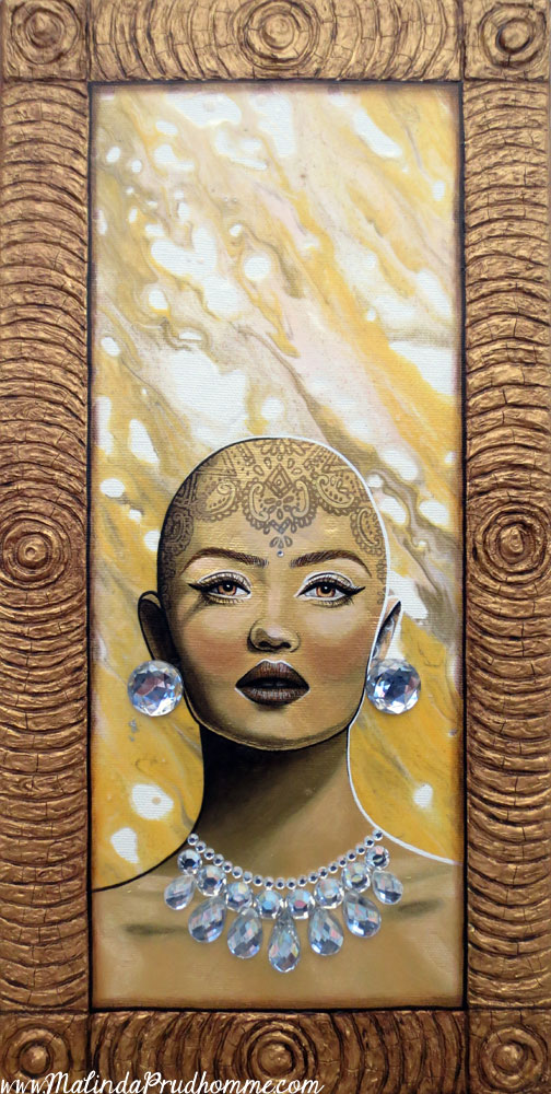 gold, gold portrait, portrait painting, gems, sculpted frame, mehndi, bald head, bald woman, portrait artist