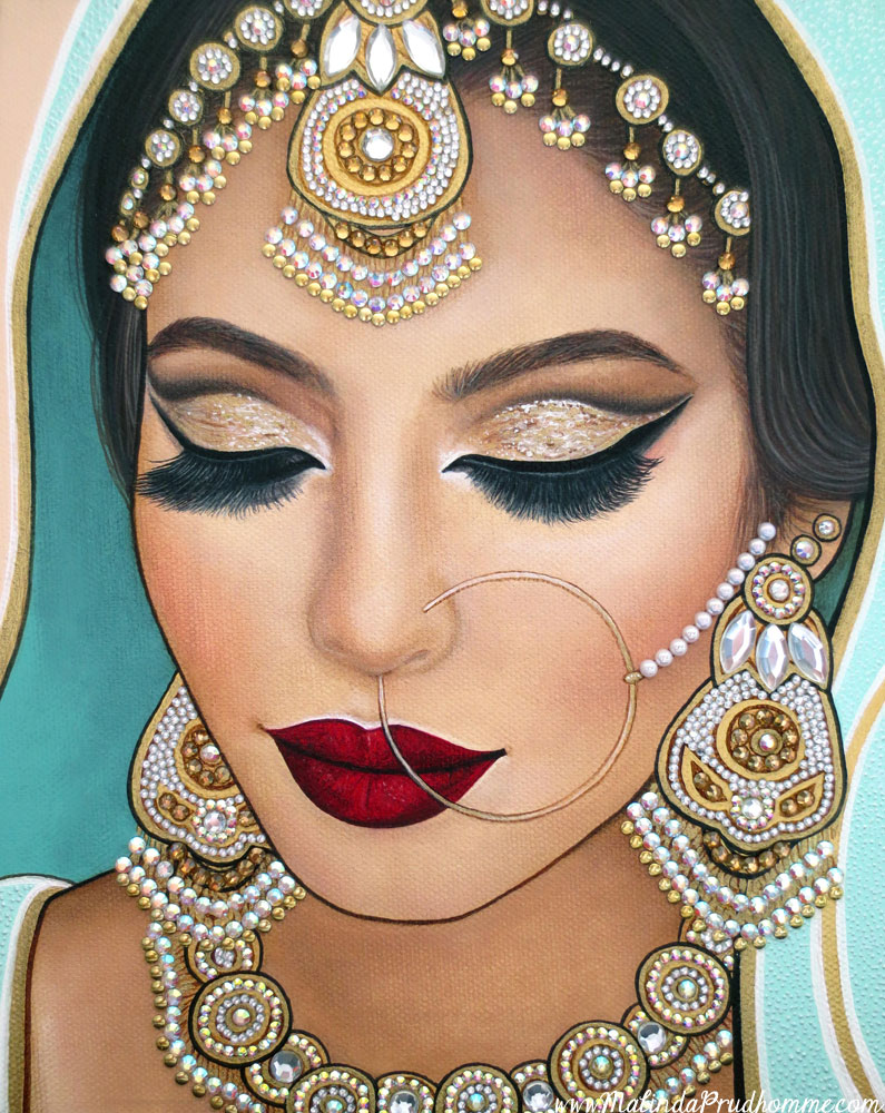 sikh bride, indian bride, indian beauty, gems, gem artwork, jewelry, real gems, portrait painting, toronto portrait artist, canadian artist, international portrait artist