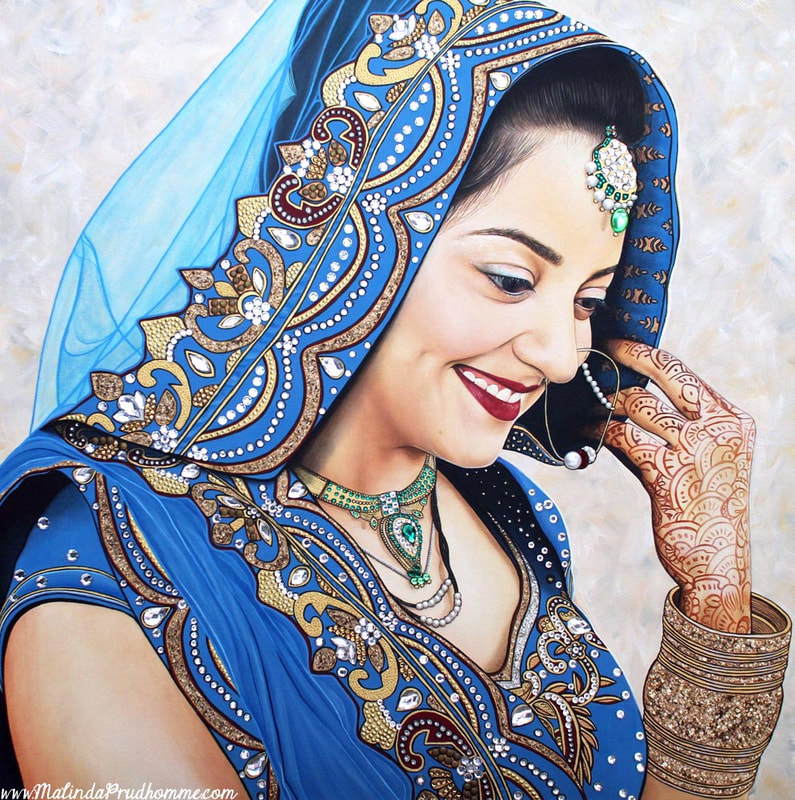 sikh bride, sikh beauty, sikh portrait, indian bride, indian beauty, indian bride portrait, indian painting, gems, jewels, real gems on painting, international portrait artist