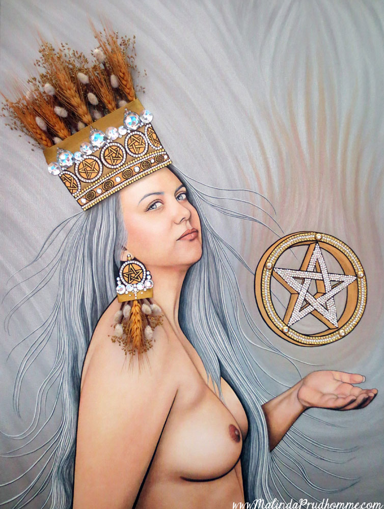 pagan art, queen of pentacles, witch art, wicca art, pentacle, pentagram, wheat, gems, gem art, mystical artwork, magic artwork, witch artist, toronto portrait artist