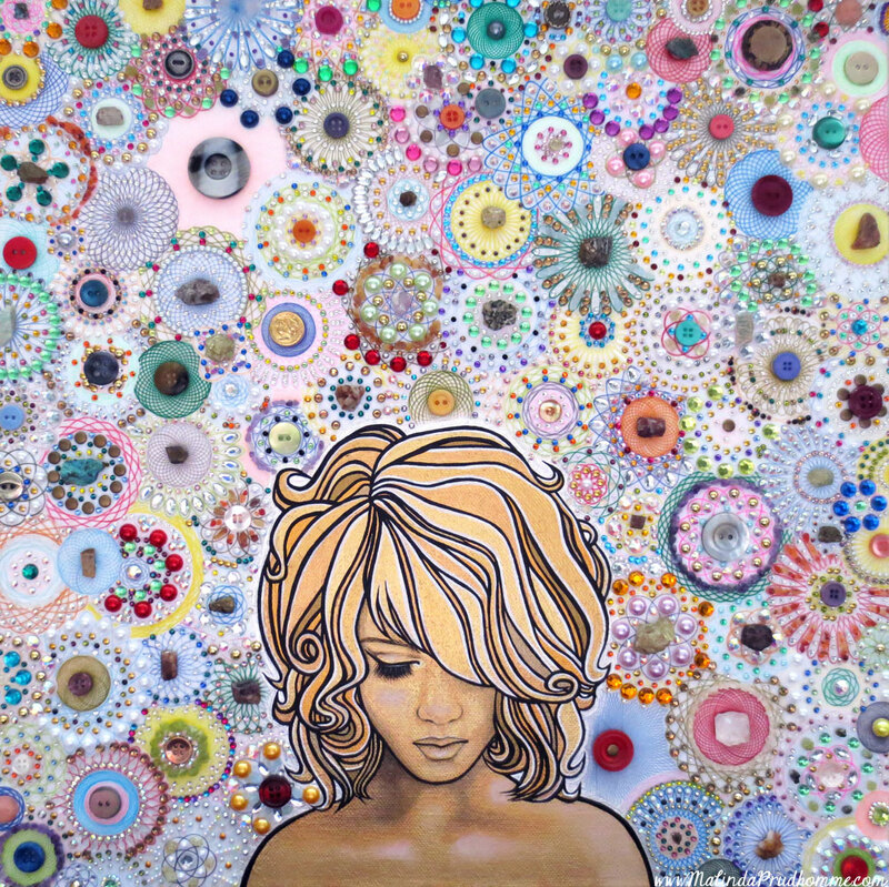 spirographs, spirograph artwork, vintage buttons, button art, crystal art, crystals, gem art, gems, minerals, rockhound, rocks, pearls, mixed media artist, toronto portrait artist